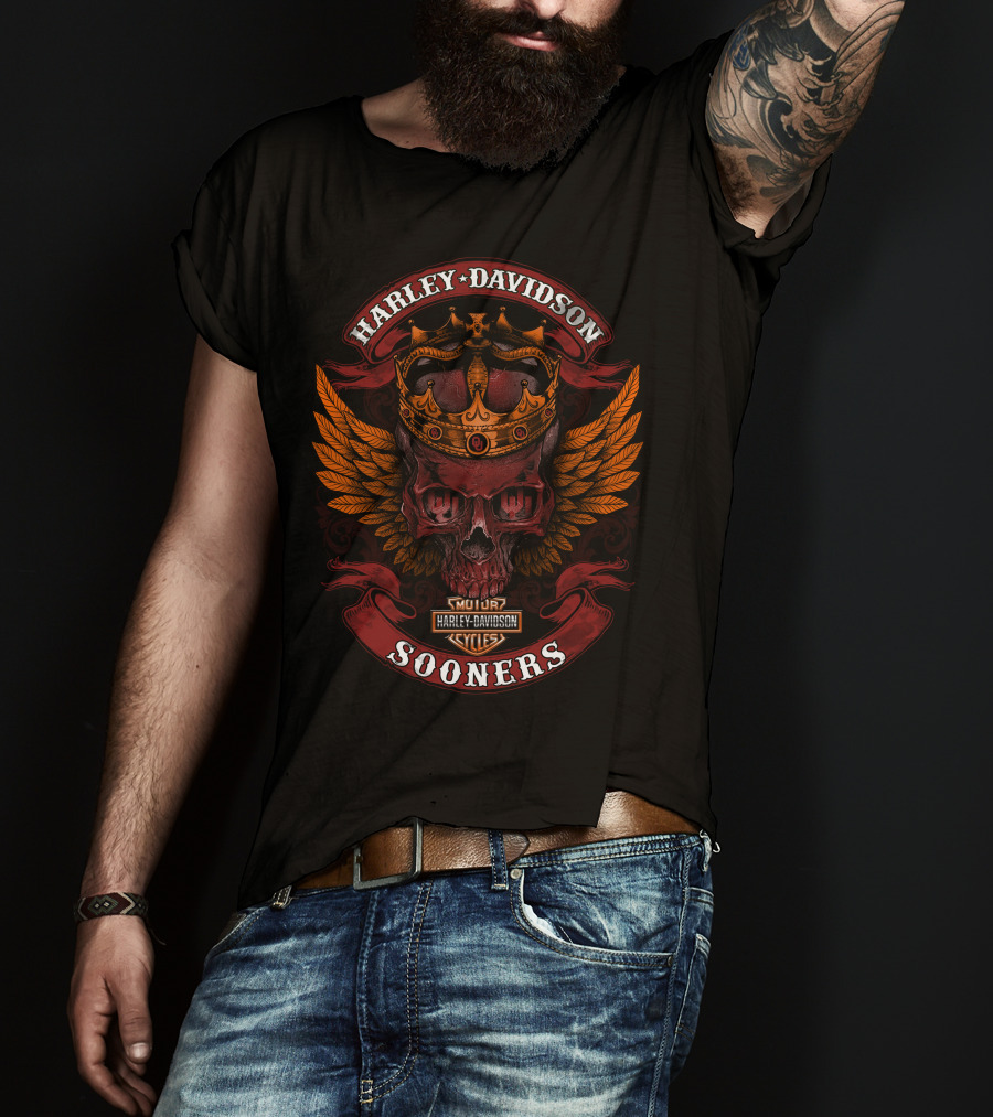 Harley Davidson King Skull Crown Wings Sooner Cycles T-Shirt