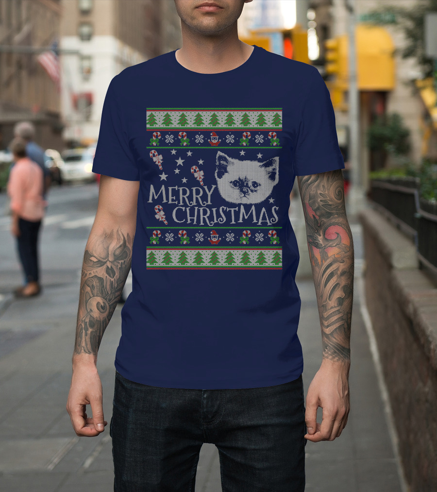Merry Christmas Cute Persian Kitten Candy Canes Snowflakes Trees T-Shirt