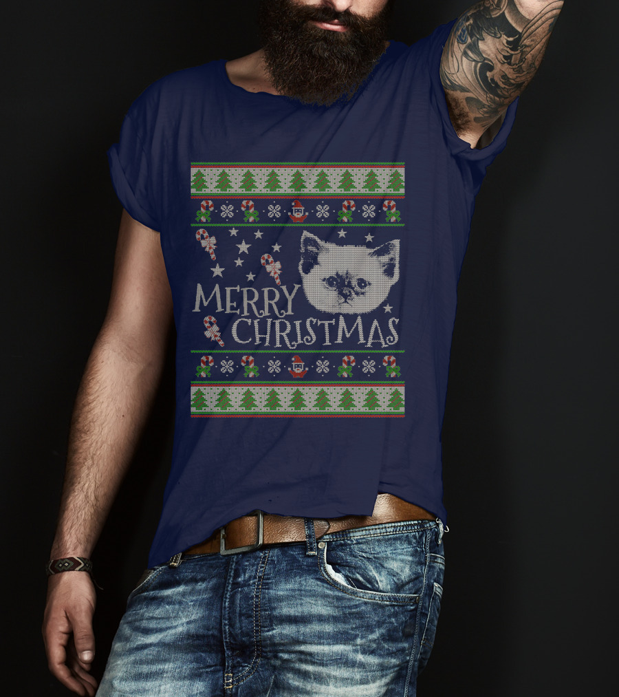 Merry Christmas Cute Persian Kitten Candy Canes Snowflakes Trees T-Shirt