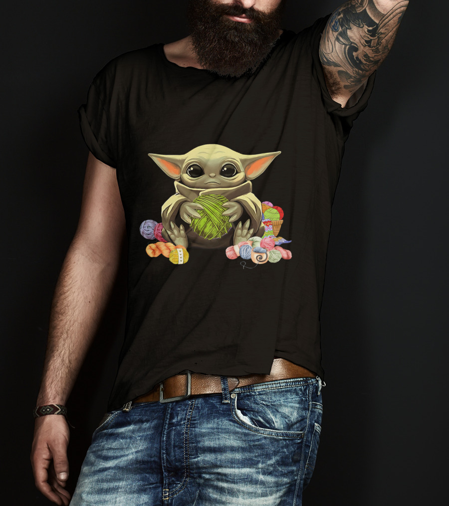Yoda Baby Holding Yarn Surrounded By Colorful Wool Balls T-Shirt