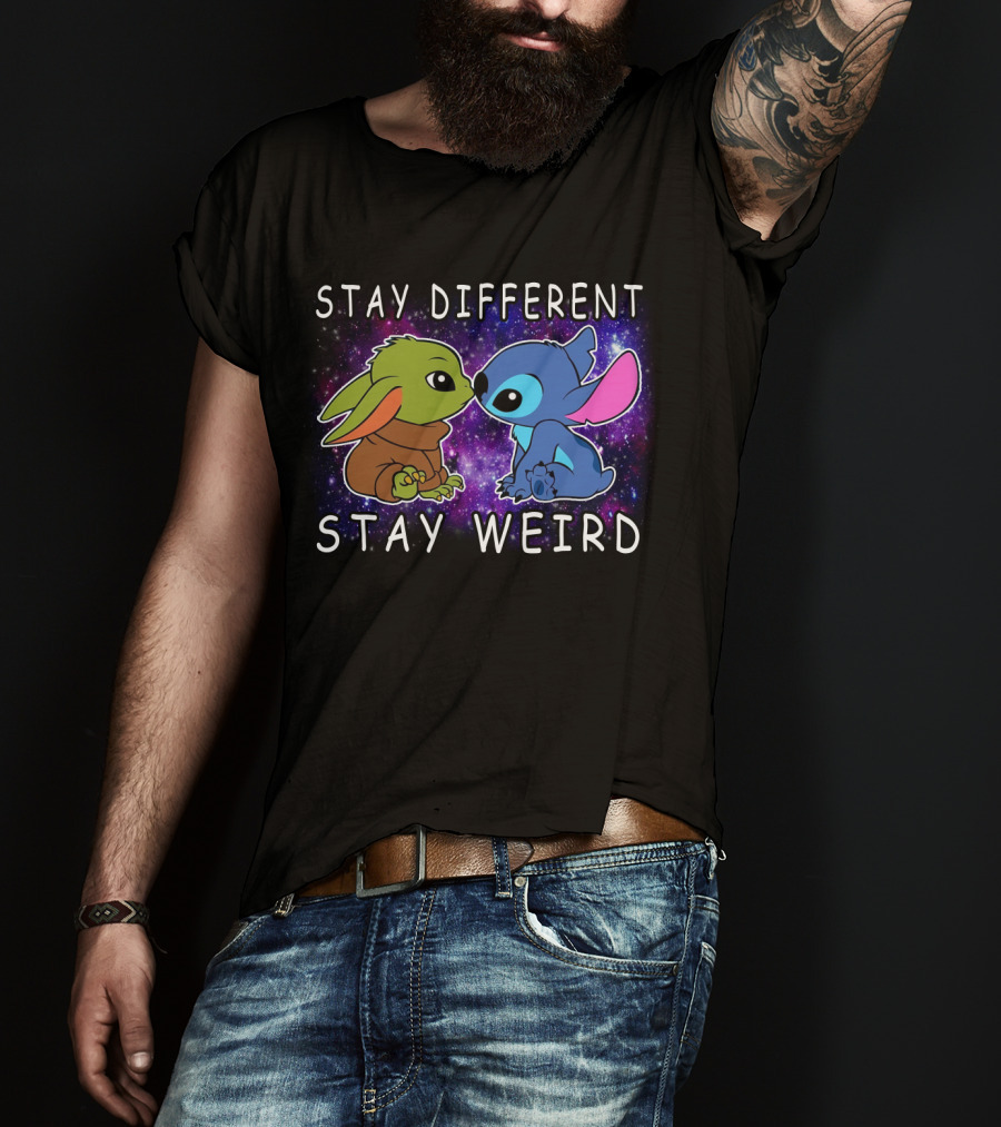 Stay Different Stay Weird Baby Yoda And Stitch Space Background T-Shirt
