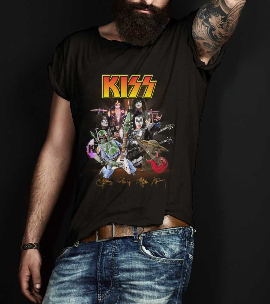 Kiss Star Wars Crossover With Boba Fett And Grogu Guitar Band Members T-Shirt