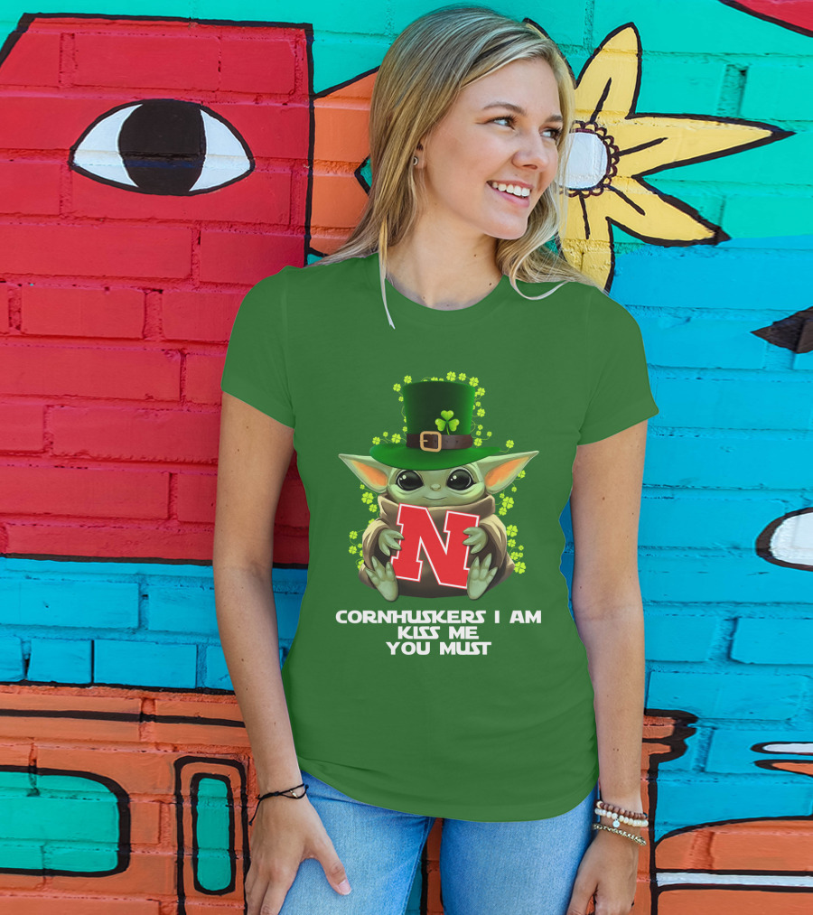 Cornhuskers I Am Kiss Me You Must Baby Yoda St. Patrick's Day T-Shirt
