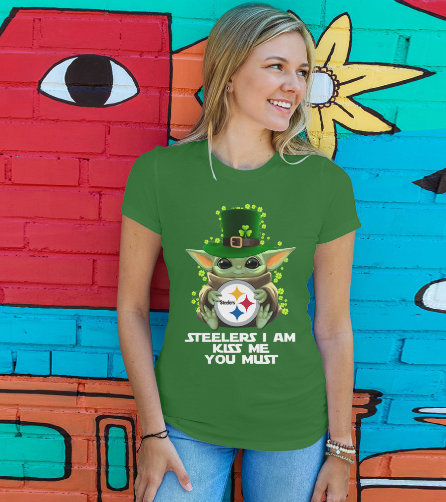 Steelers I Am Kiss Me You Must Baby Yoda St. Patrick's Day T-Shirt