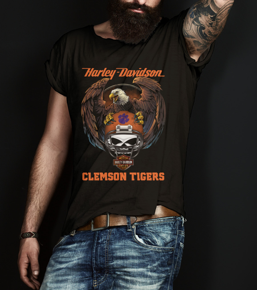 Harley Davidson Clemson Tigers Ncaa Football Skull Helmet Eagle T-Shirt