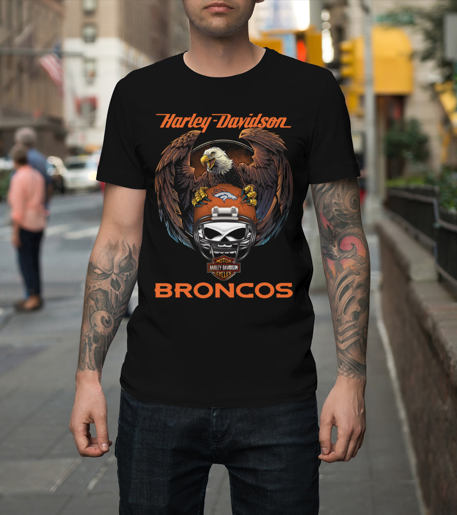 Harley Davidson Broncos Skull Eagle Helmet Nfl Collaboration T-Shirt