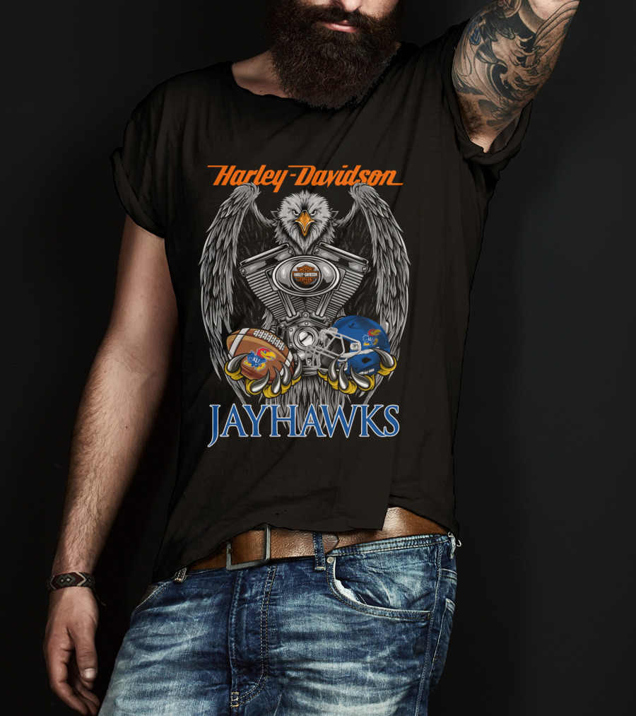 Harley Davidson Jayhawks Kansas Football Helmet And Ball T-Shirt