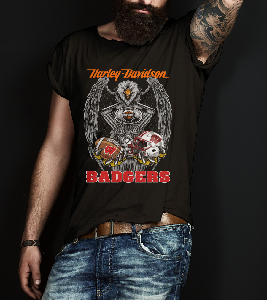 Harley Davidson Badgers Wisconsin Football Ncaa Eagle Engine T-Shirt