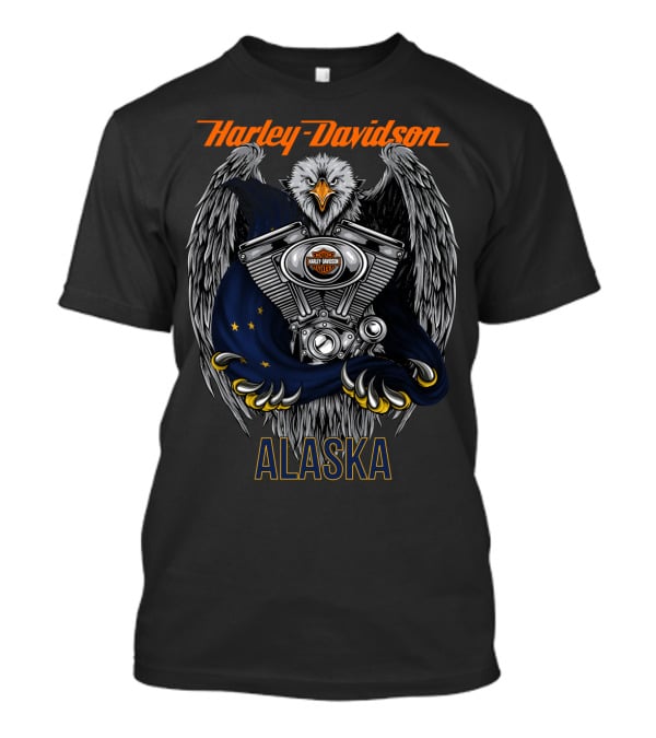 Harley Davidson Eagle With Engine And Alaska Flag T-Shirt