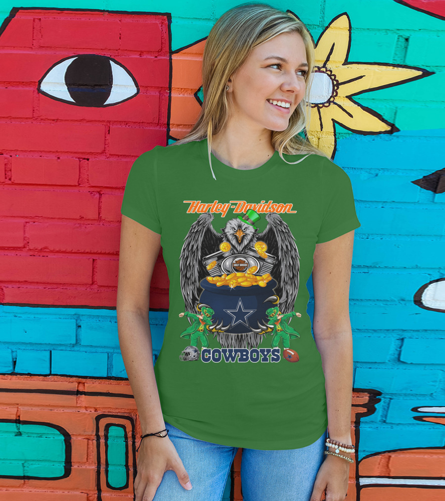 Harley Davidson Nfl Dallas Cowboys Eagle With Leprechauns And Pot Of Gold T-Shirt