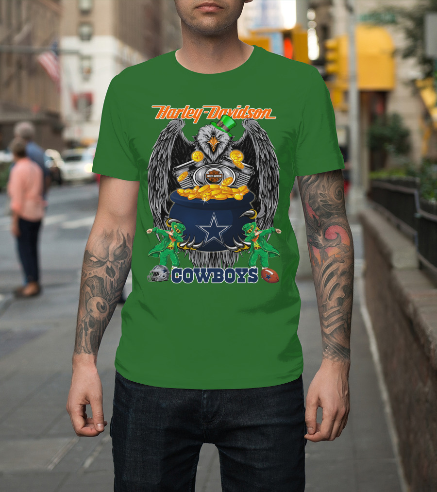 Harley Davidson Nfl Dallas Cowboys Eagle With Leprechauns And Pot Of Gold T-Shirt