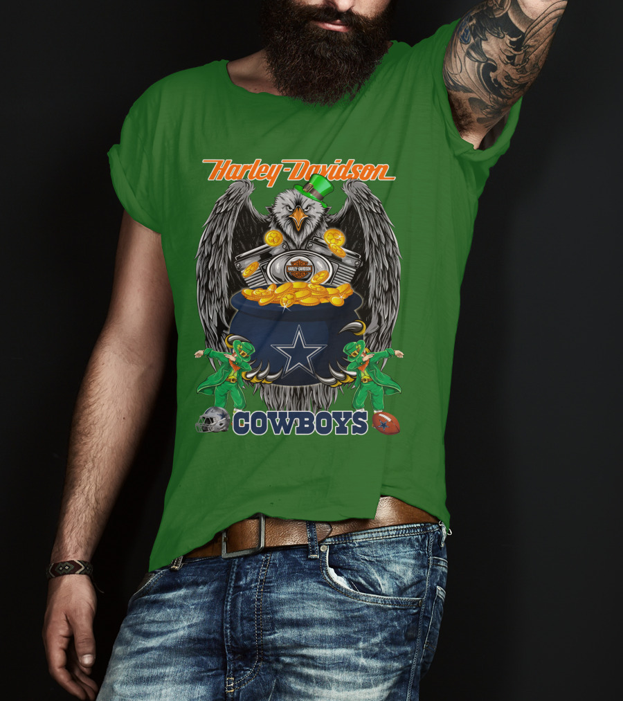 Harley Davidson Nfl Dallas Cowboys Eagle With Leprechauns And Pot Of Gold T-Shirt