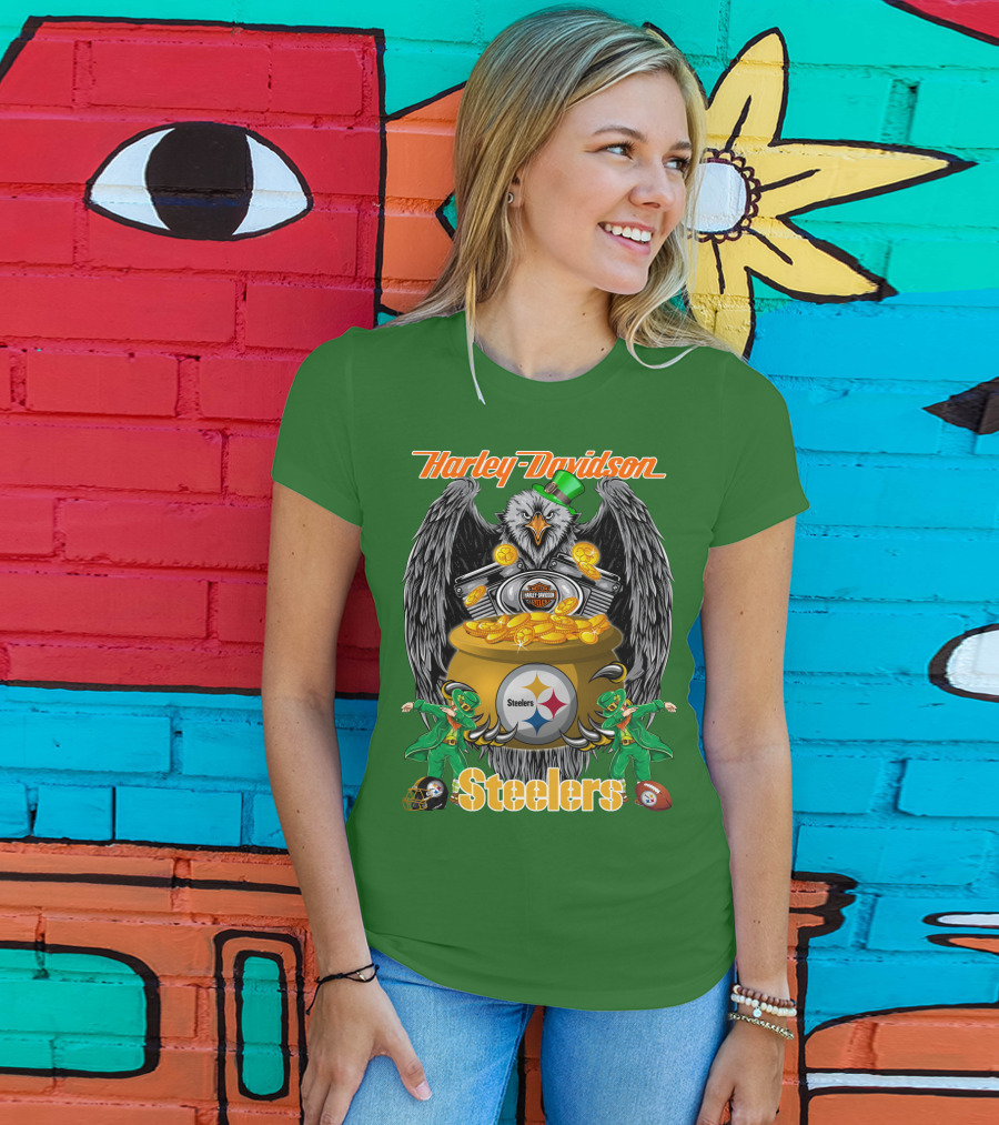 Harley Davidson Steelers Eagle Leprechaun Gold Nfl Pittsburgh T-Shirt