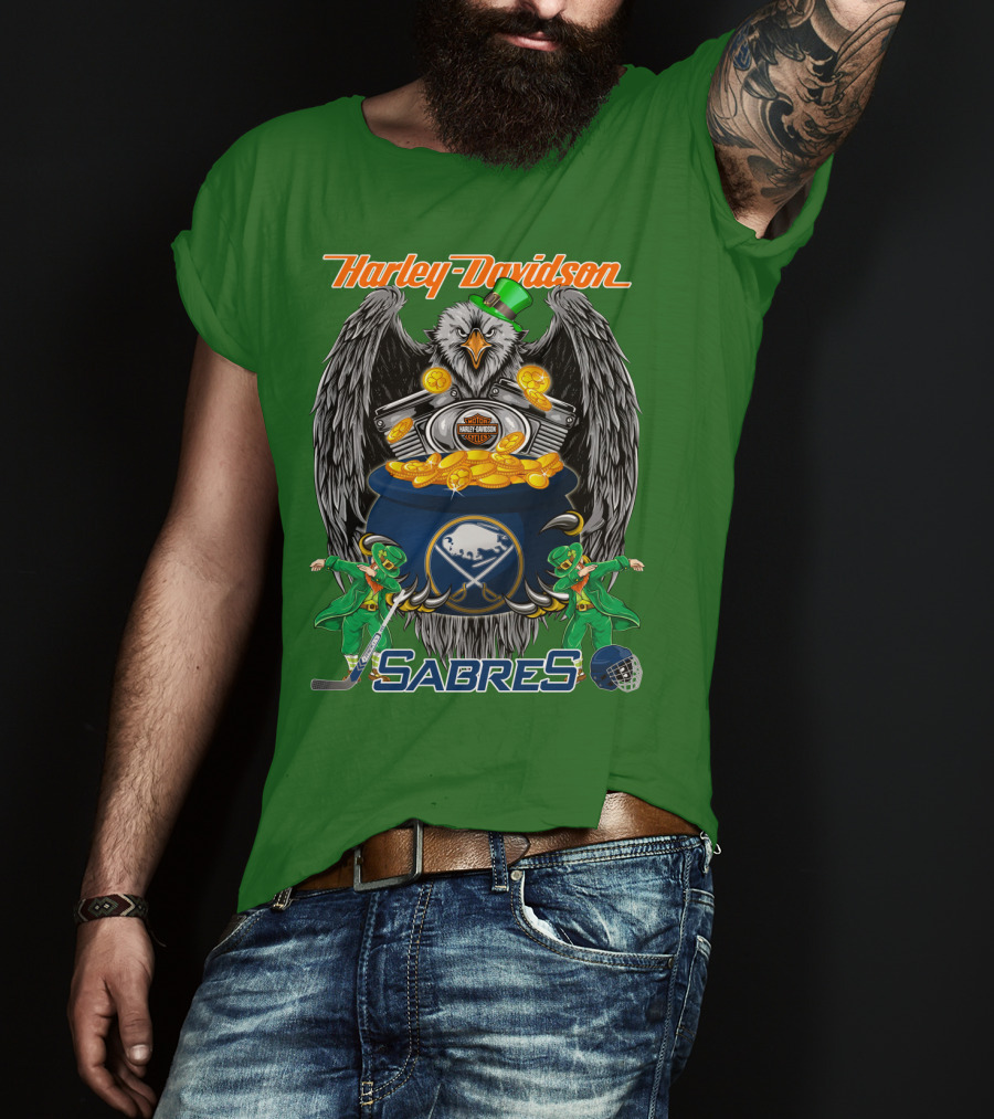 Harley Davidson Sabres Nhl Buffalo St. Patrick's Day Eagle And Pot Of Gold T-Shirt
