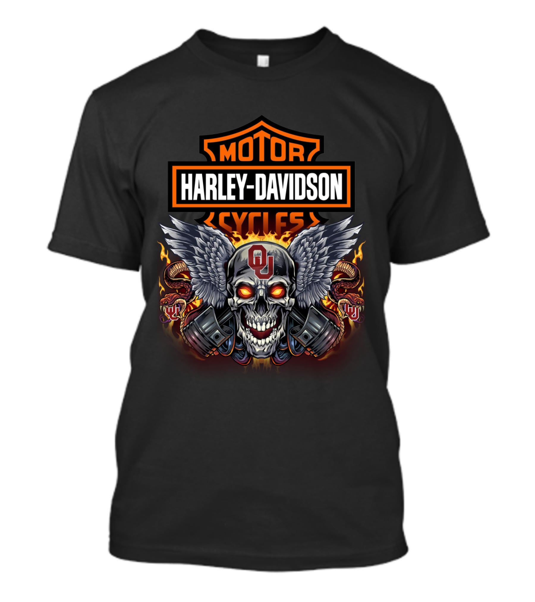 Harley Davidson Motor Cycles Ou Skull Wings Flames T-Shirt