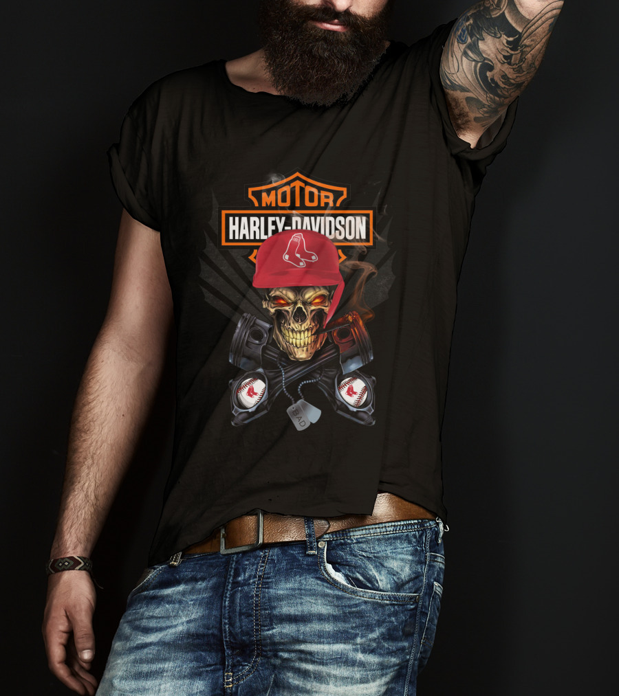 Harley Davidson Skull With Red Sox Baseball Helmet T-Shirt