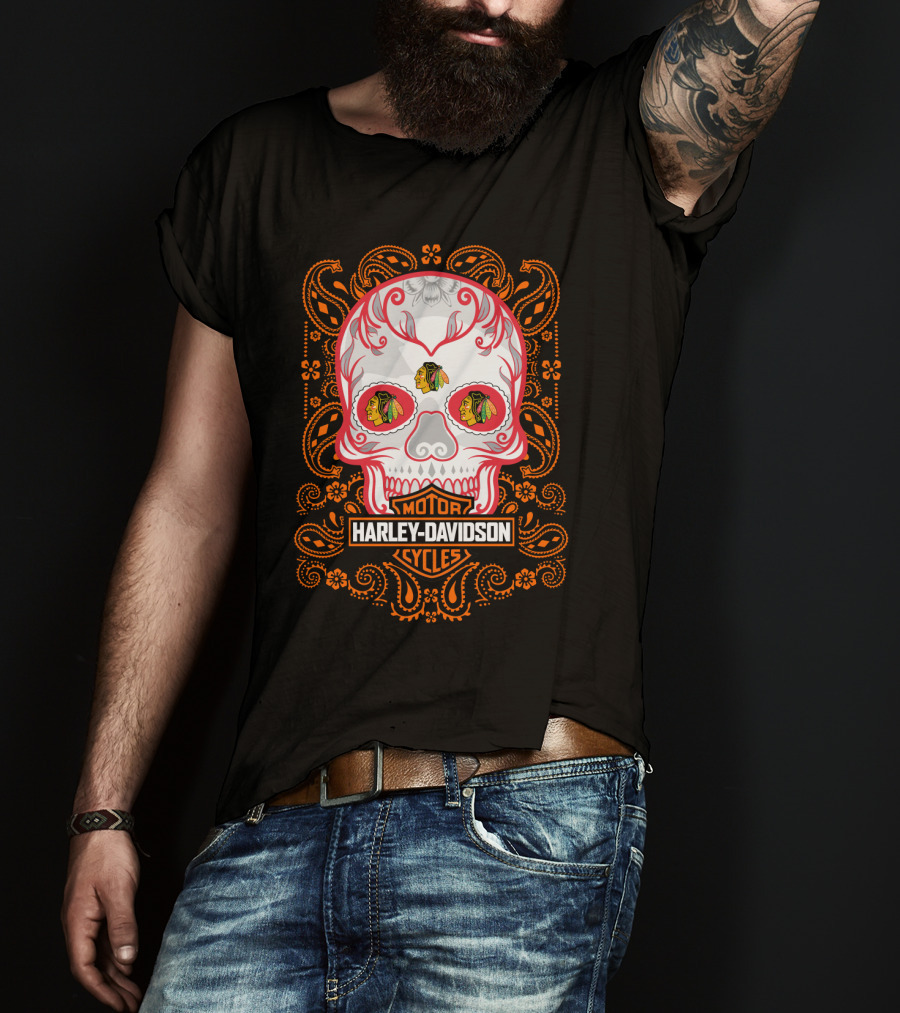 Harley Davidson Motor Cycles Nhl Chicago Blackhawks Skull Design 102 T-Shirt