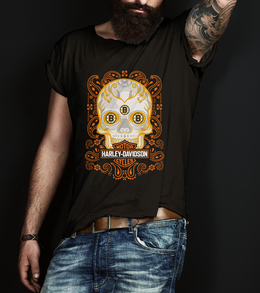 Harley Davidson Motor Cycles Boston Bruins Nhl Sugar Skull T-Shirt