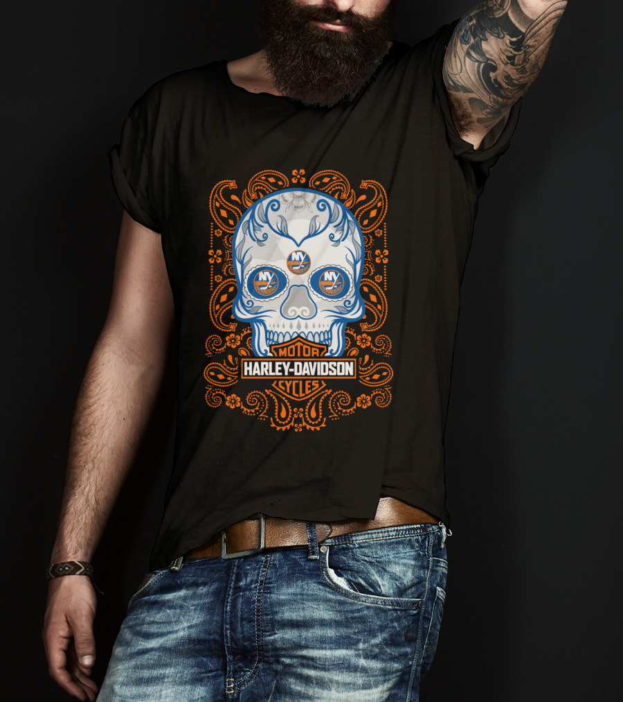 New York Islanders Harley Davidson Skull Motorcycles T-Shirt