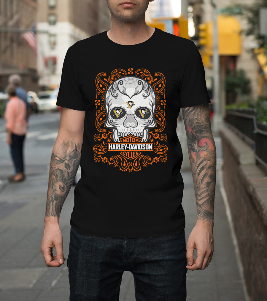 Harley Davidson Motor Cycles Skull Nhl Penguins T-Shirt