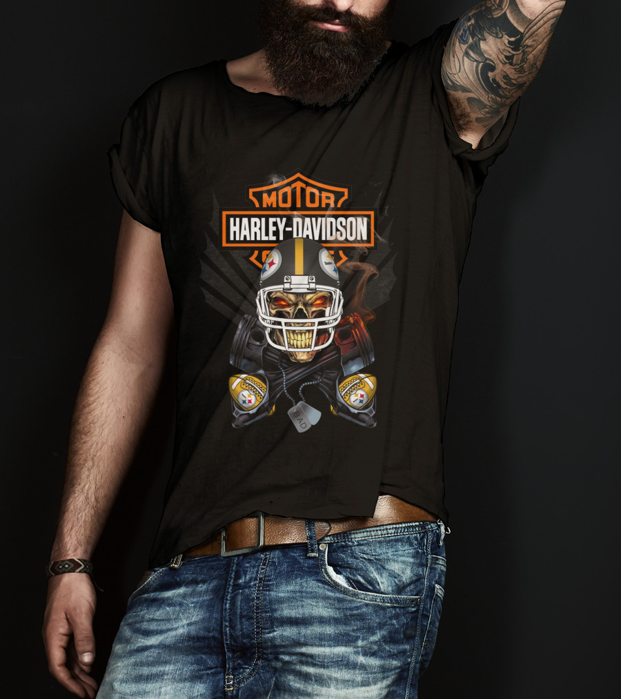 Harley Davidson Pittsburgh Steelers Skeleton Helmet Bad Dog Tags T-Shirt
