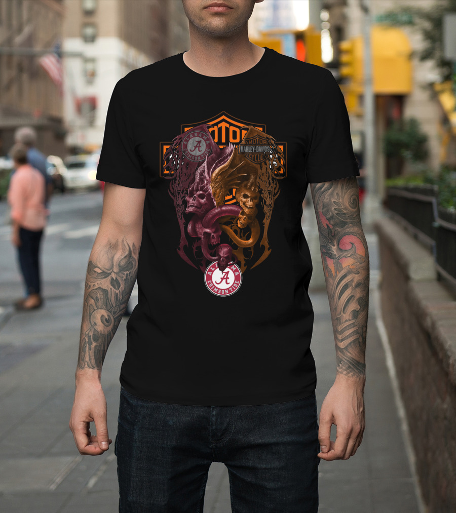 Alabama Crimson Tide Harley Davidson Skulls And Serpents T-Shirt