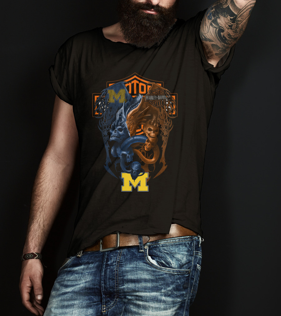 M Michigan Harley Davidson Skull And Dragon Crest T-Shirt