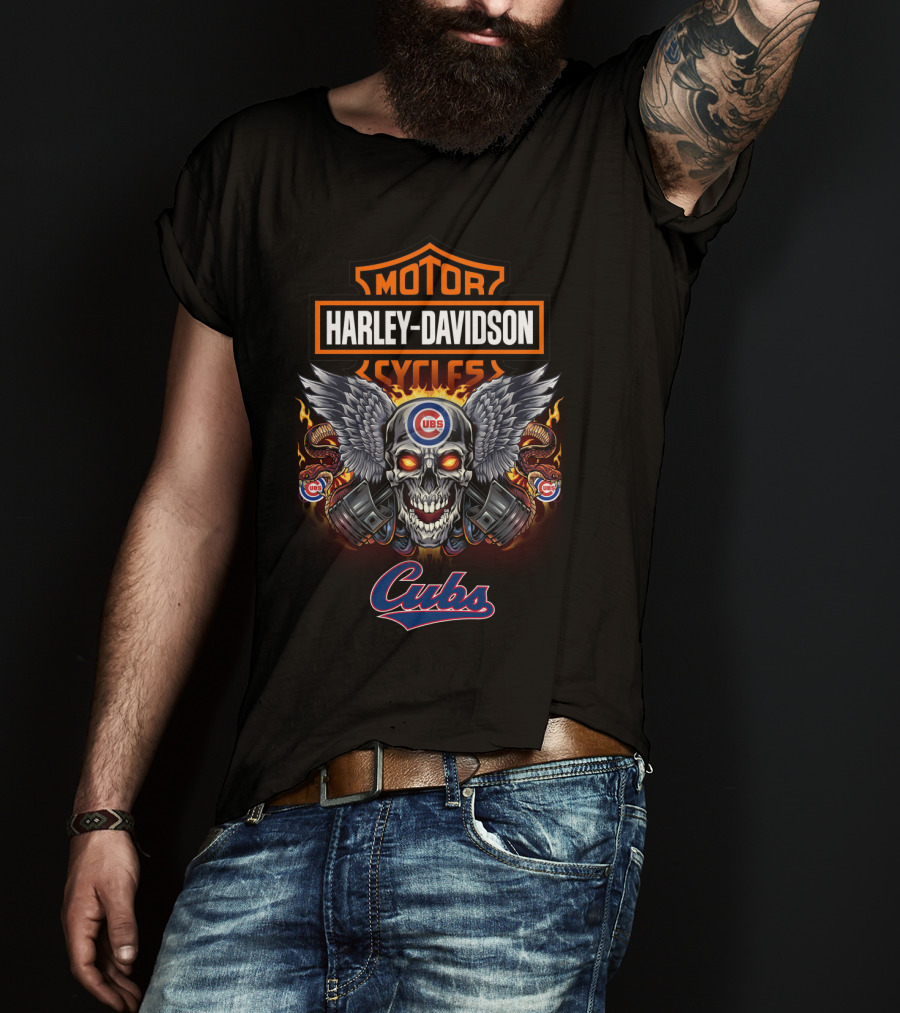 Harley Davidson Motor Cycles Chicago Cubs Skull T-Shirt