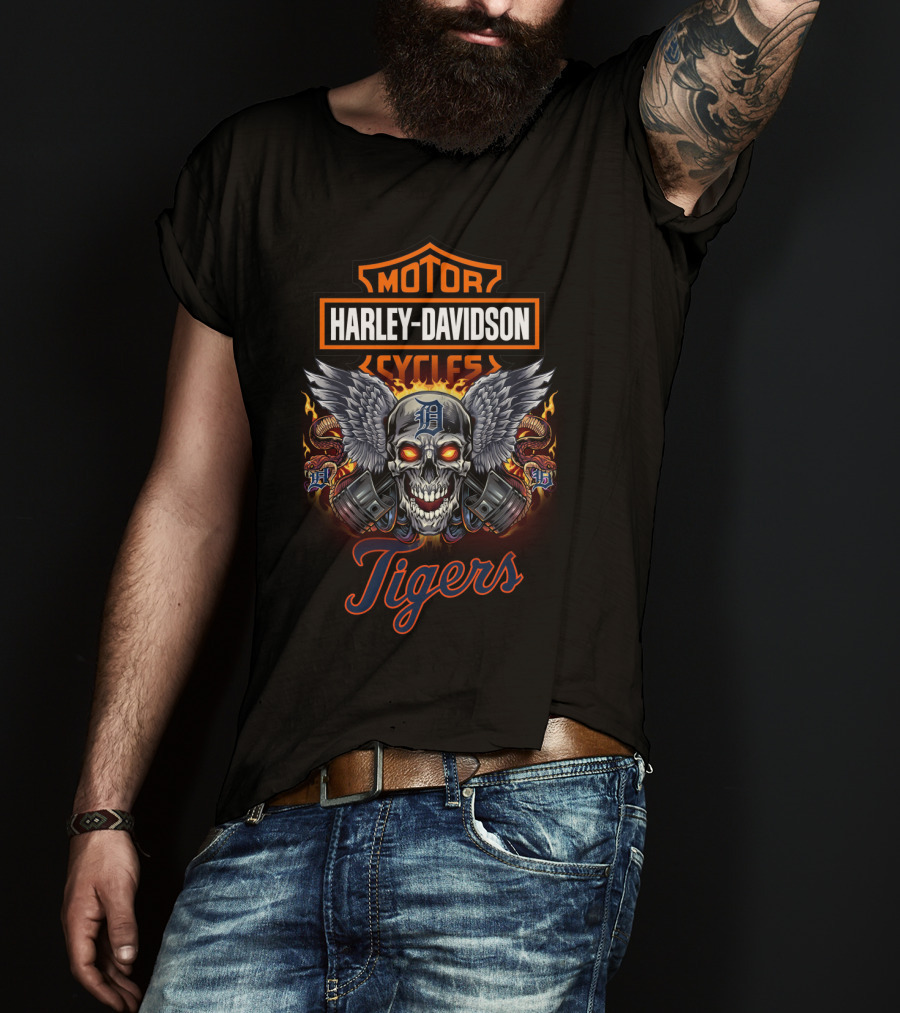 Harley Davidson Motor Cycles Detroit Tigers Skull Wings T-Shirt