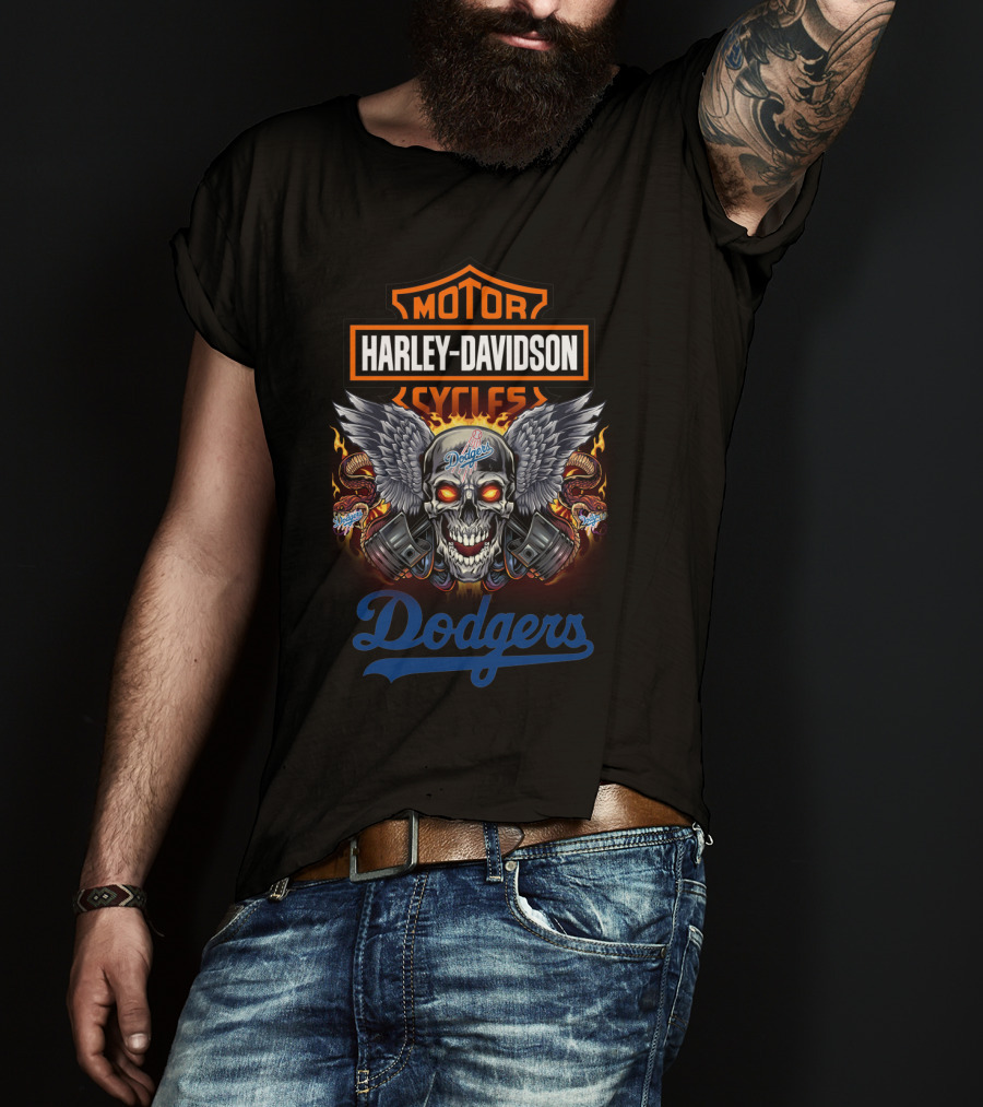 Motor Harley Davidson Cycles Dodgers Skull Wings Flames T-Shirt