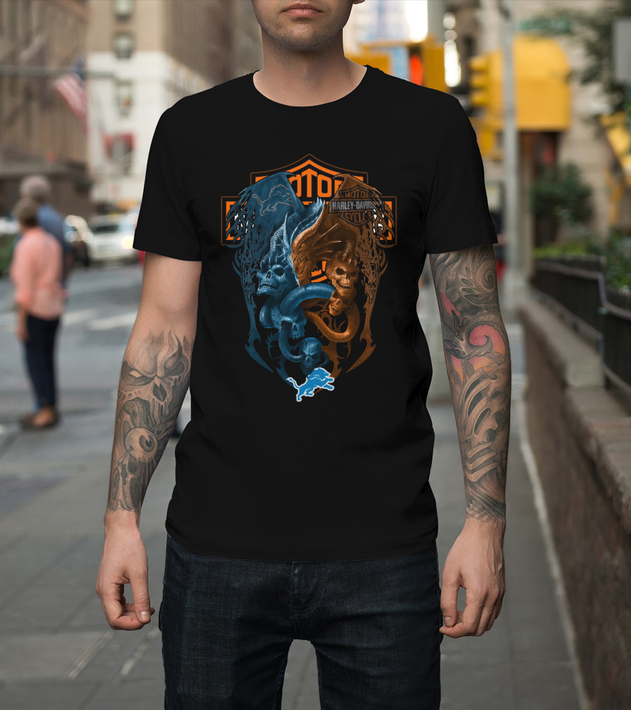 Harley Davidson Motorcycles Detroit Lions Dual Dragon Skulls T-Shirt