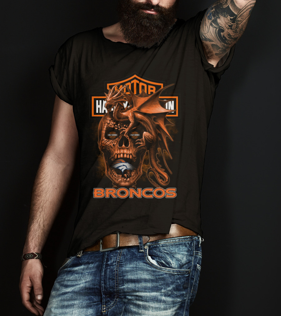 Motor Harley Davidson Cycles Denver Broncos Dragon Skull T-Shirt