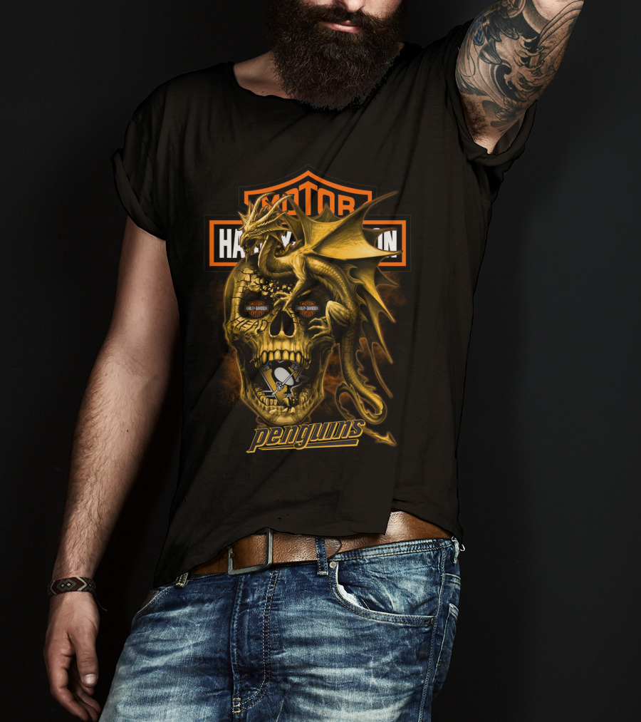 Pittsburgh Penguins Motor Harley Davidson Cycles Dragon Skull T-Shirt