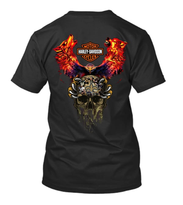 Harley Davidson Cycles With Wolves And New Orleans Saints Skull T-Shirt