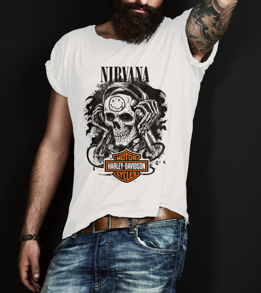 Nirvana Harley Davidson Skull With Headphones T-Shirt