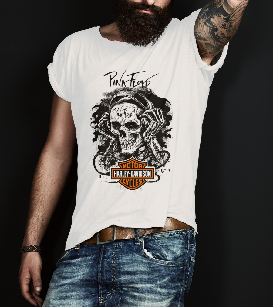 Pink Floyd Harley Davidson Skull With Headphones T-Shirt