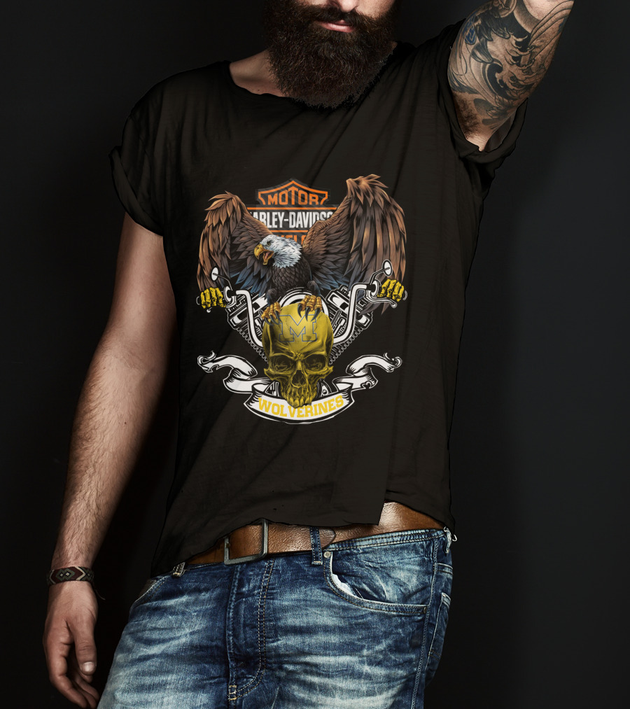 Motor Harley Davidson Cycles Eagle Skull Wolverines Michigan T-Shirt