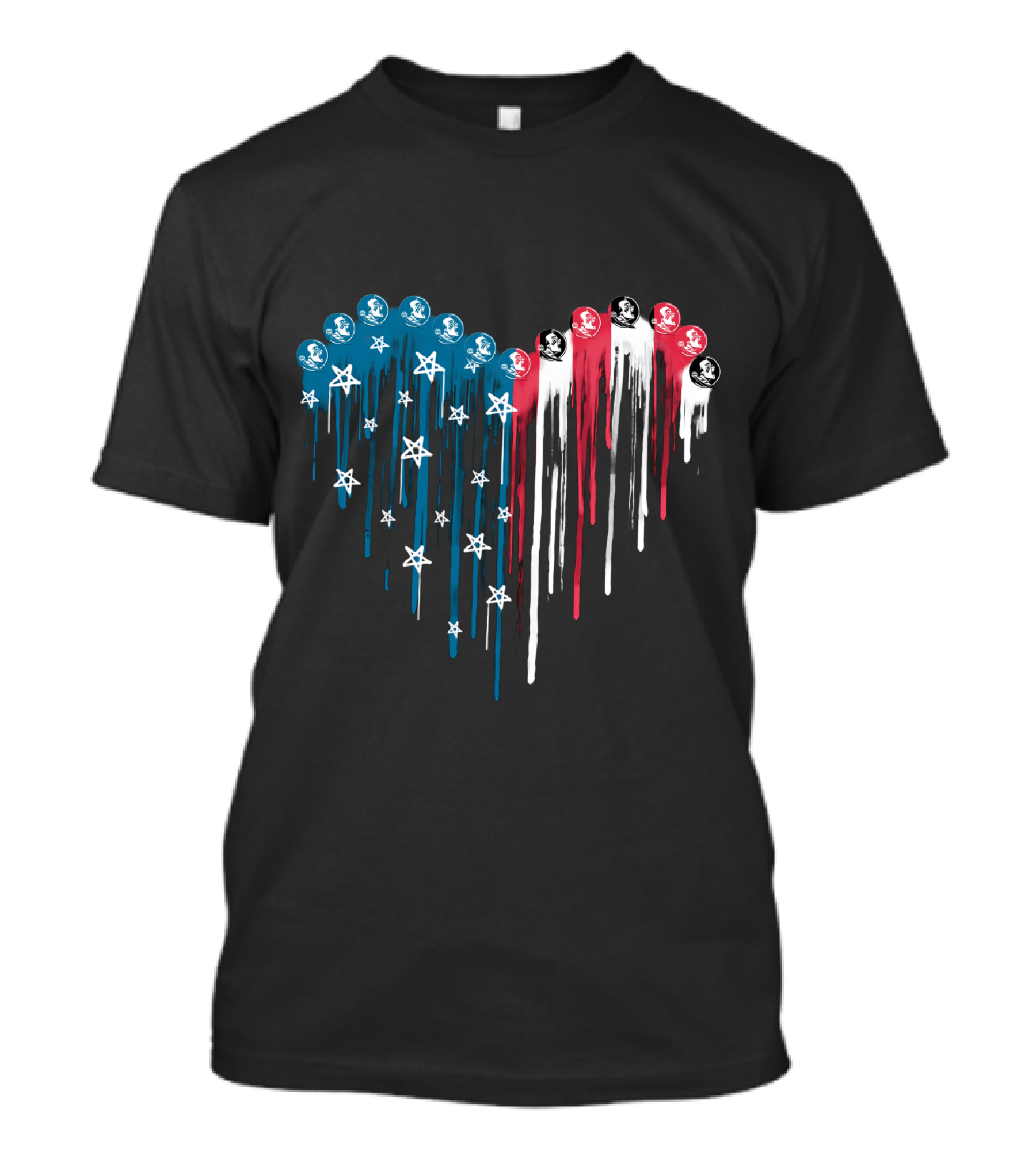 Red White And Blue Heart With Stars And Florida State Seminoles Logos T-Shirt