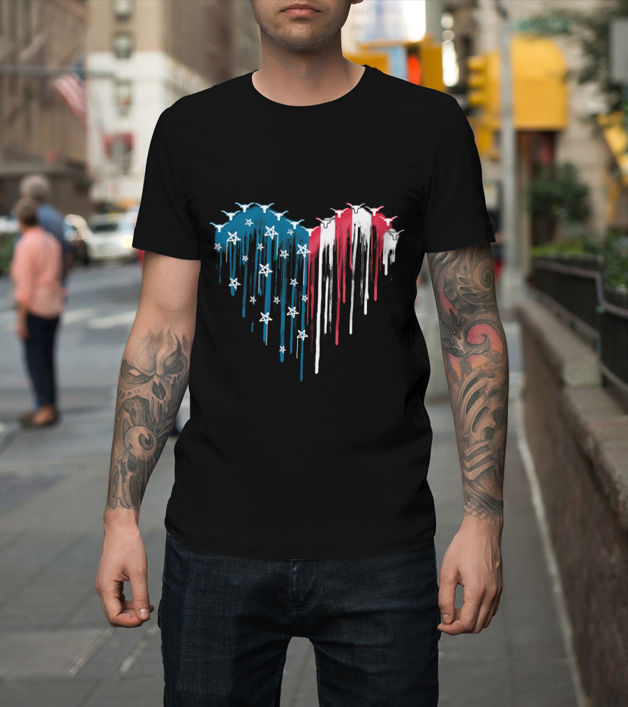 Texas Longhorns Dripping American Flag Heart T-Shirt