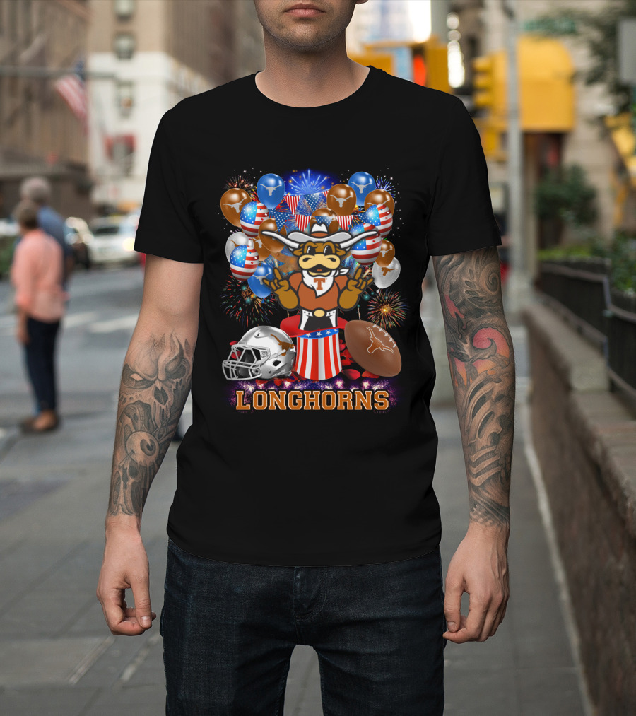 Ncaa Texas Longhorns Mascot Fireworks Balloons Helmet Football T-Shirt