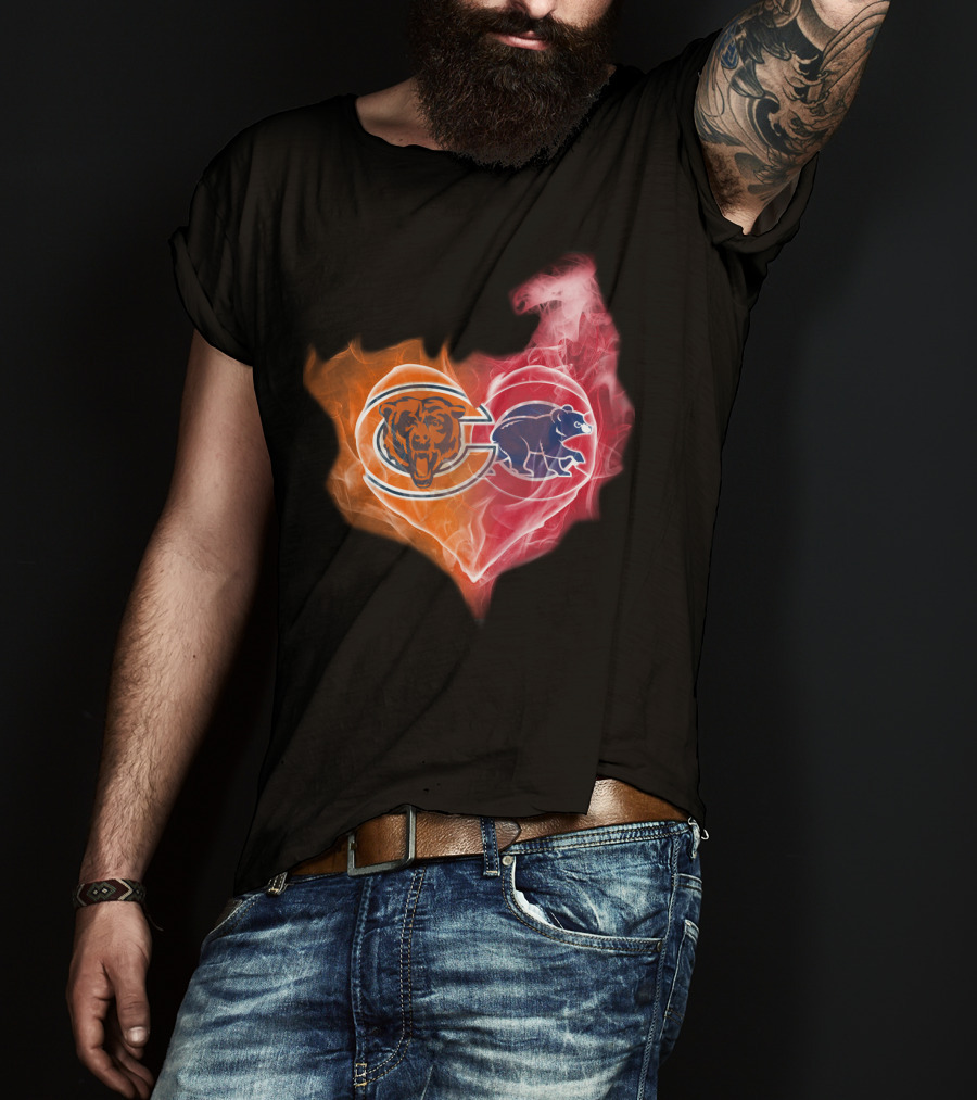 Chicago Bears Cubs Heart Fire Logo Fusion T-Shirt