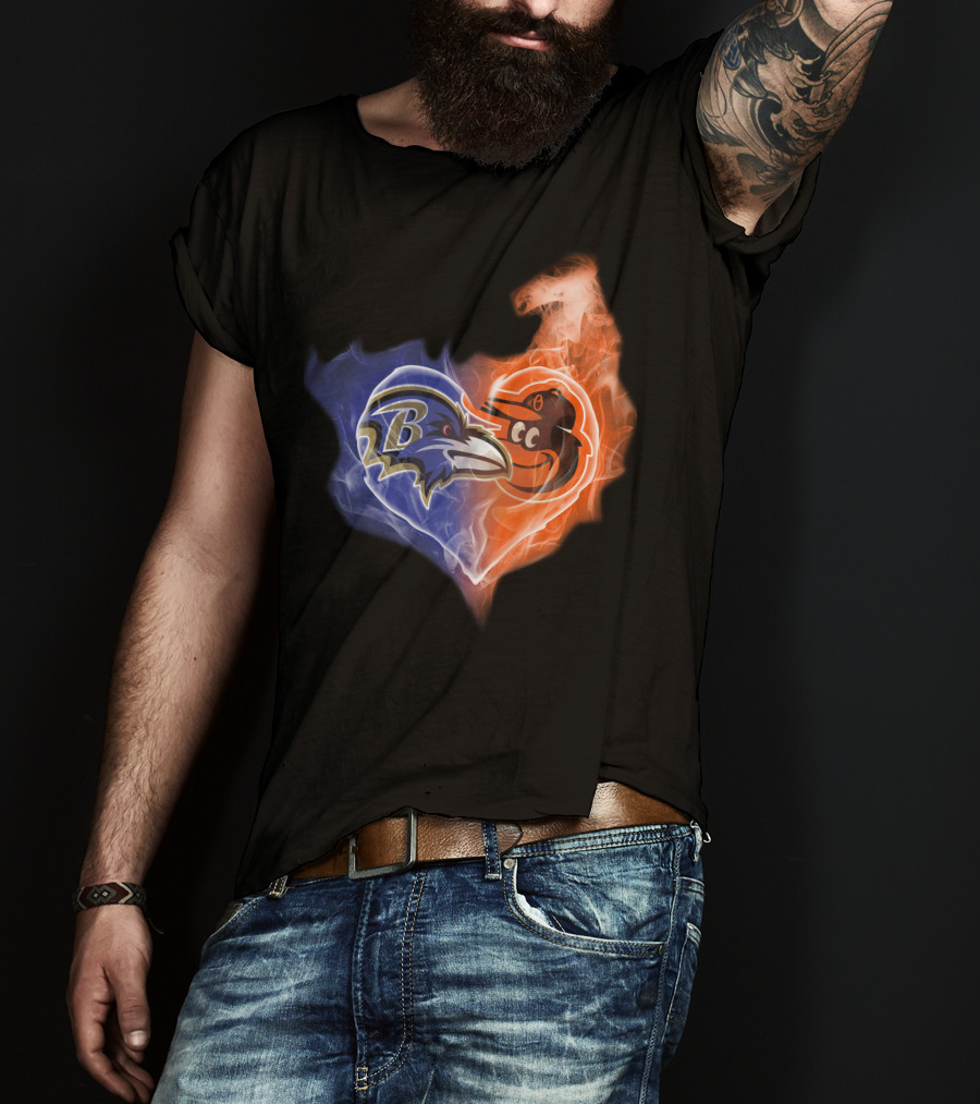 Baltimore Ravens Orioles Heart Flame T-Shirt