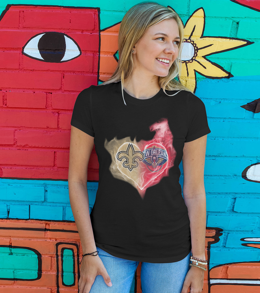 New Orleans Saints Pelicans Heart Logo Fusion T-Shirt