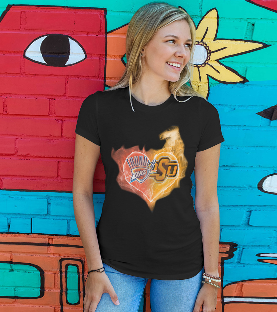 Thunder OKC And OSU Cowboys Flame Heart T-Shirt