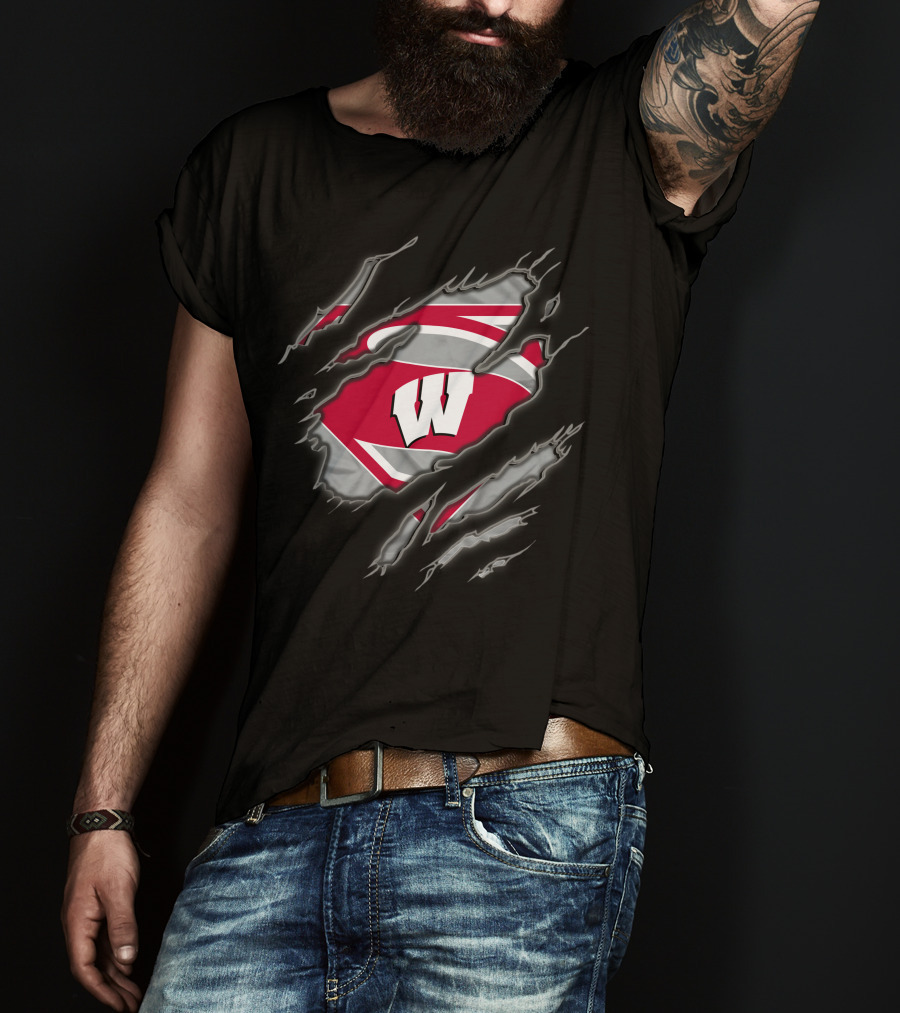 Wisconsin Badgers Superman Logo Ripped Effect T-Shirt
