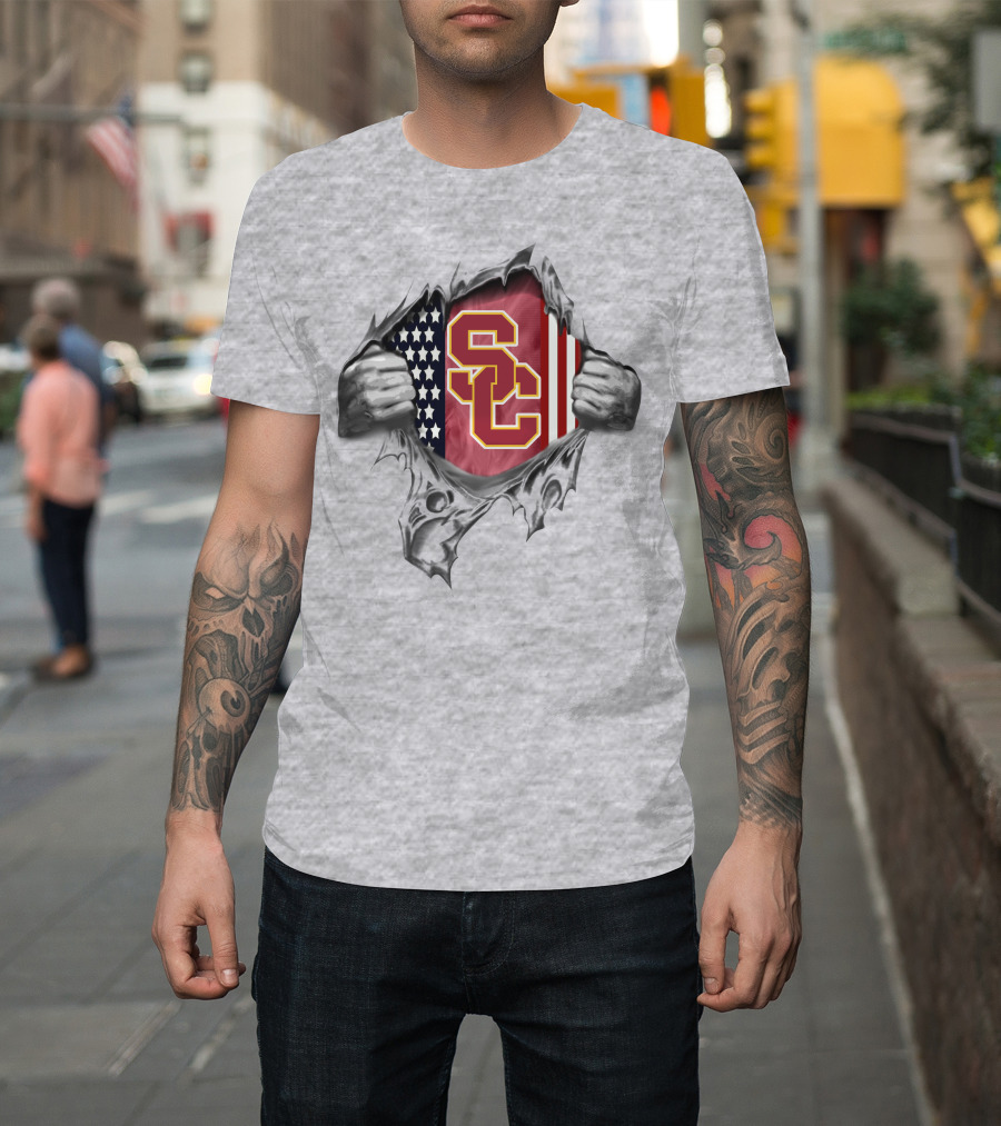 Usc Trojans American Flag Logo Ripped Chest T-Shirt
