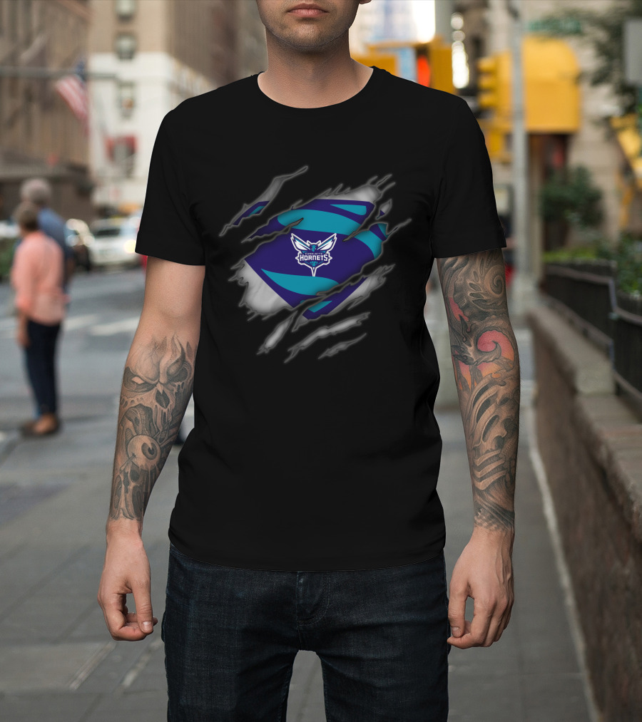 Charlotte Hornets Logo Ripped Superman Style T-Shirt