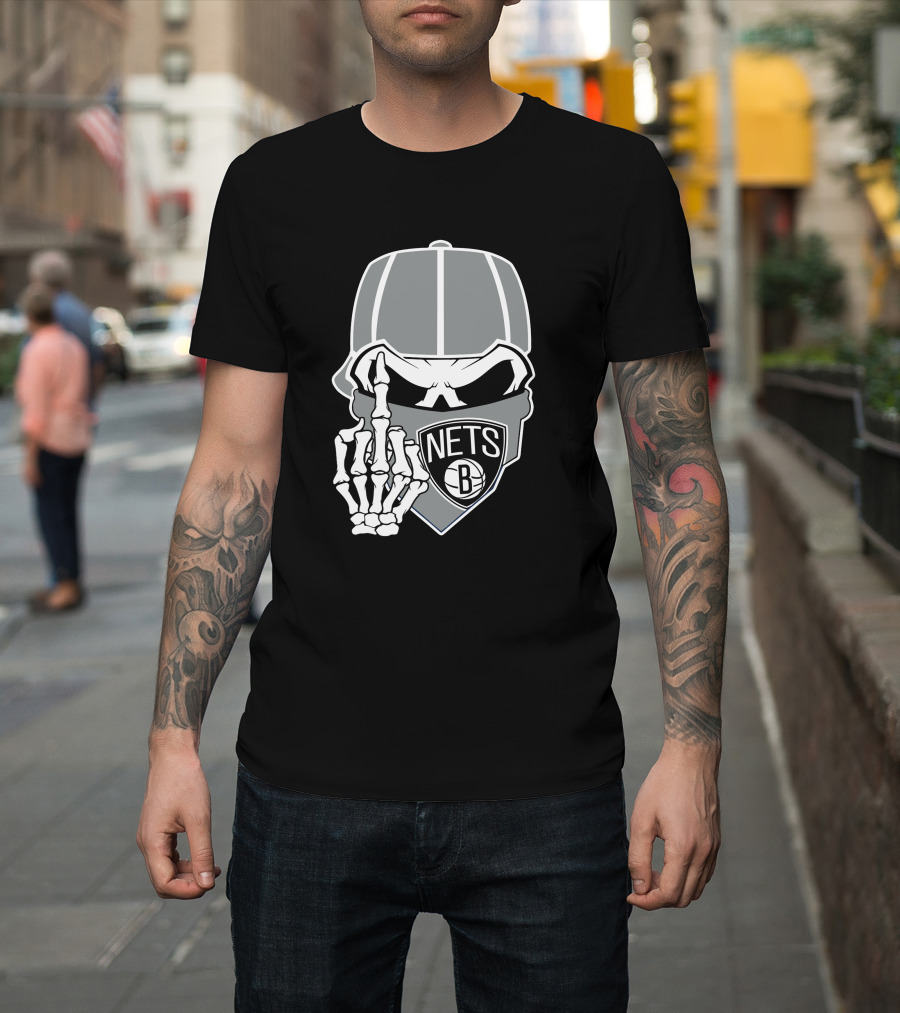 Brooklyn Nets Skull Skeleton Hand Gesture T-Shirt