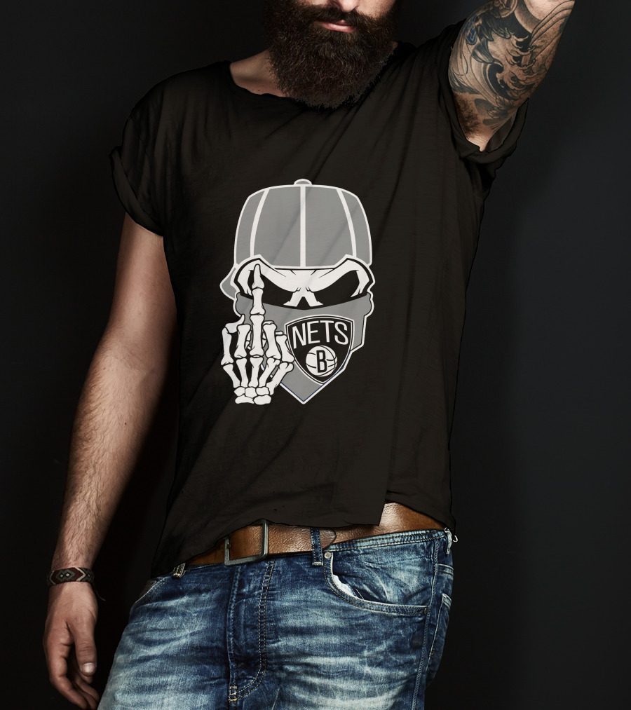 Brooklyn Nets Skull Skeleton Hand Gesture T-Shirt