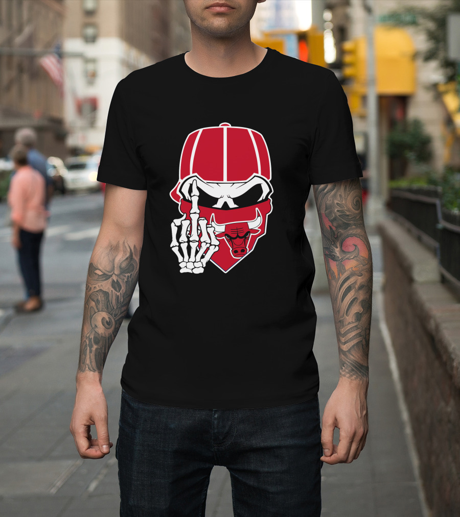 Chicago Bulls Skull Bandana Skeleton Hand Gesture T-Shirt